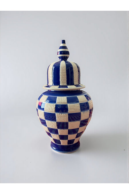 YOOS Handmade Wheelwork 25cm Kutahya Ceramic Checkered Shah Cube Ceramic Vase Dark Blue - MALLTURK