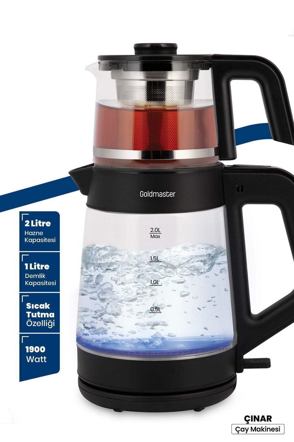 GoldMaster cinar 1900w Large Capacity Glass Tea Maker with Teapot and illuminated Water Kettle, Black GM8320S - MALLTURK