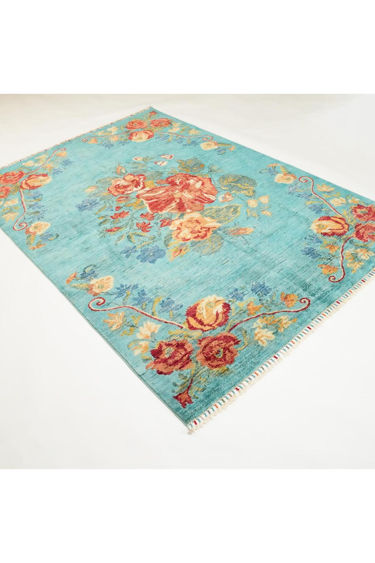 Halicizade Hand-Woven Karabag Pattern Blue Wool Rug - MALLTURK
