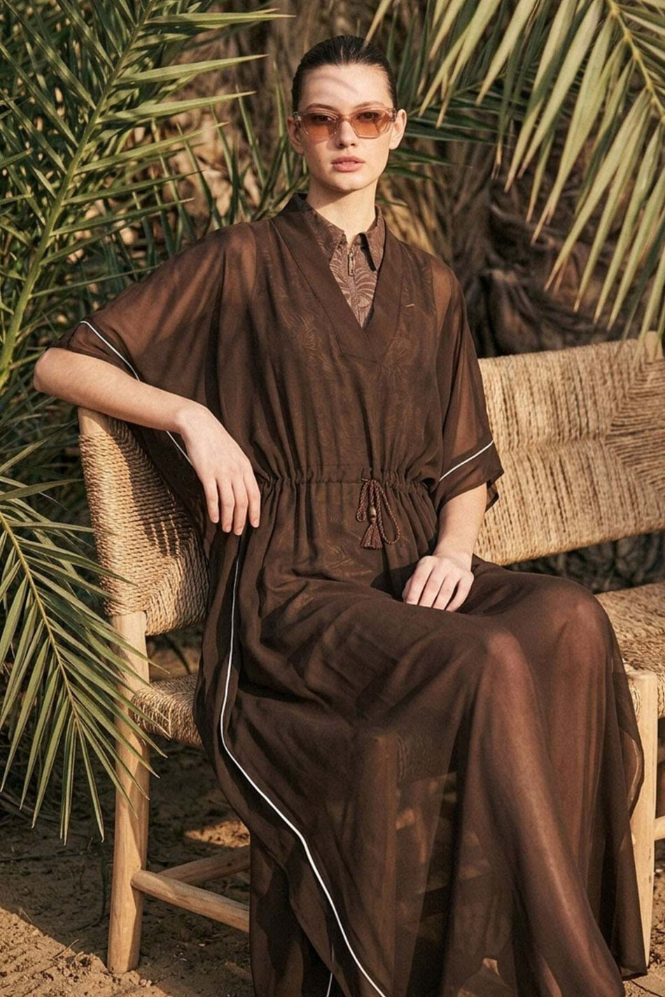 Hasema Tassel Detail White Trimmed Brown Long Pareo 1003 - MALLTURK