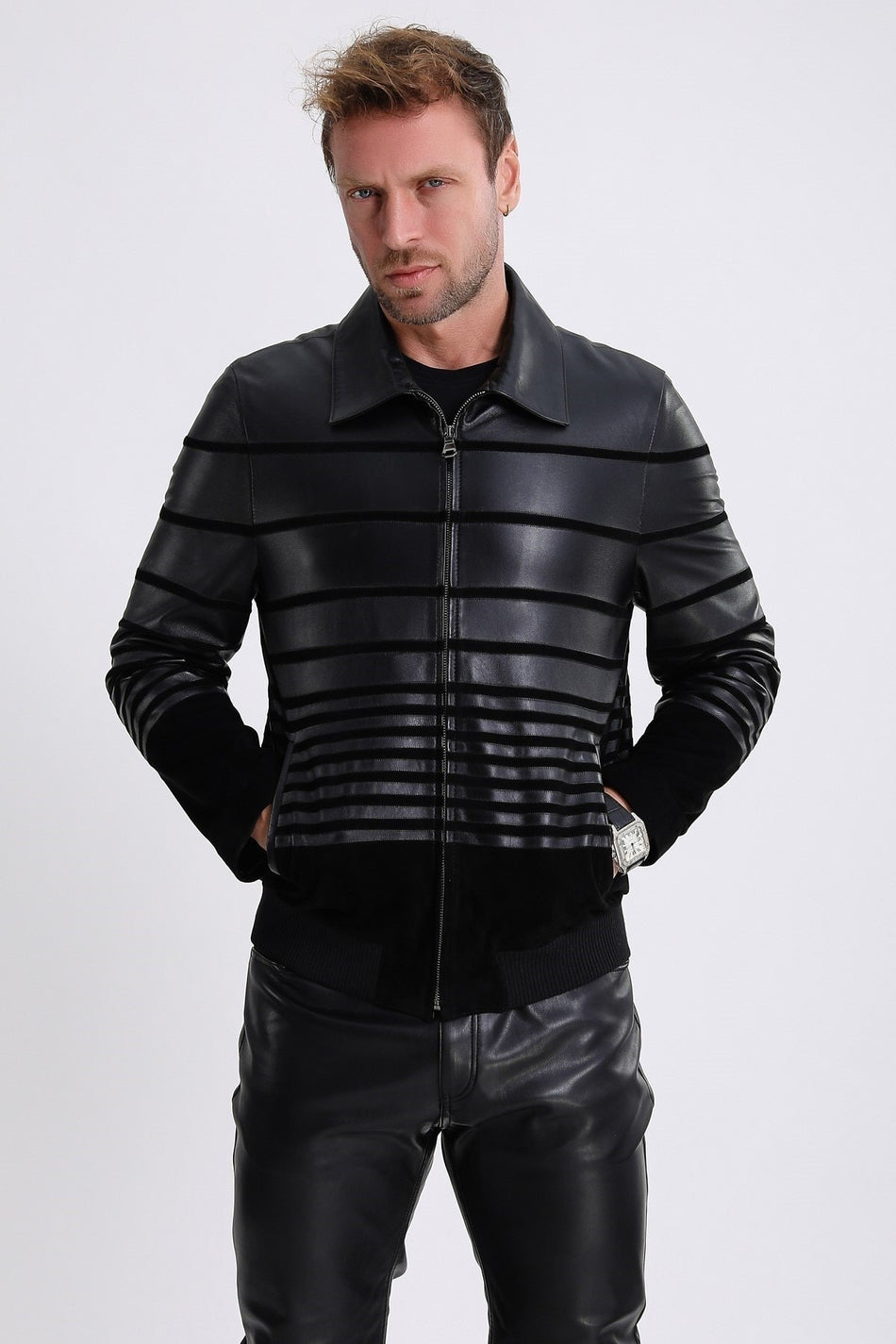 Casaco de camurça azul-marinho Leather Club com detalhe às riscas