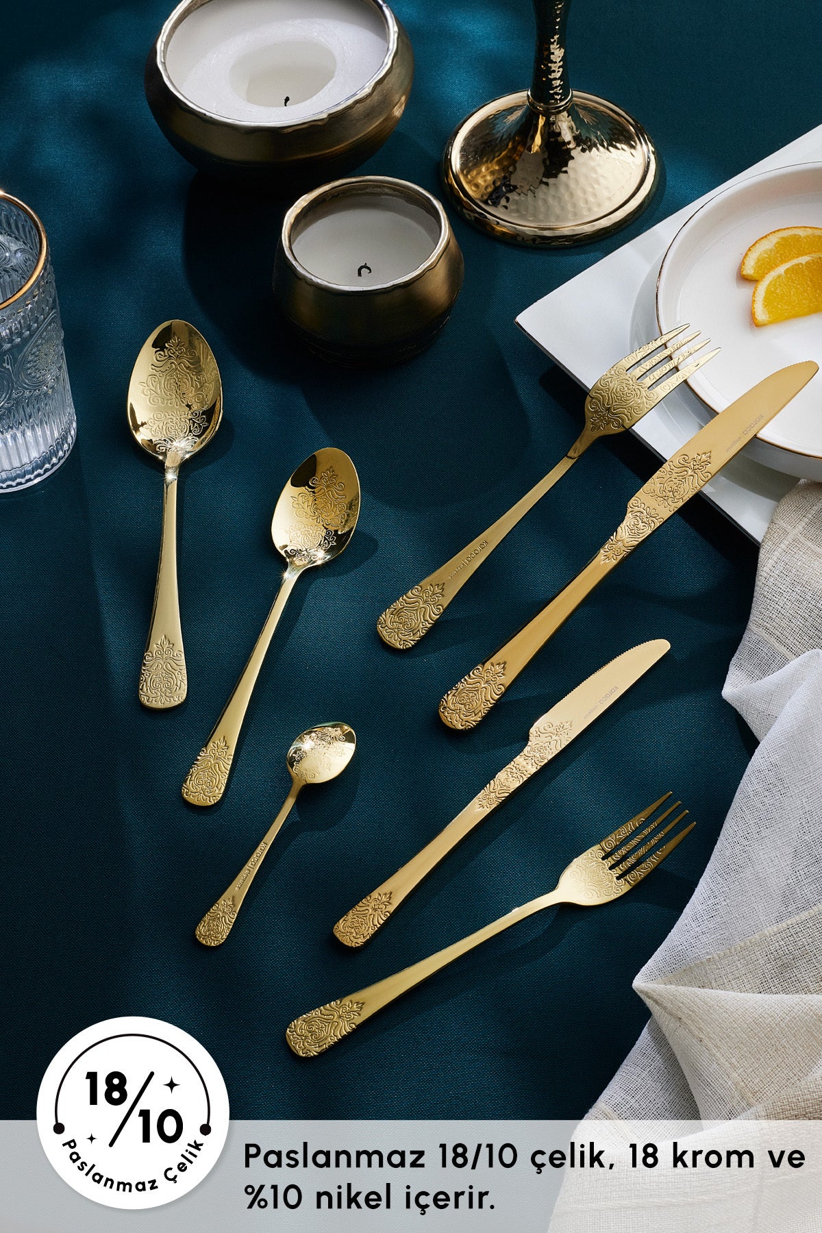 Karaca elegance bellatrix 84 Piece 12 Place Setting Flatware Set gold - MALLTURK