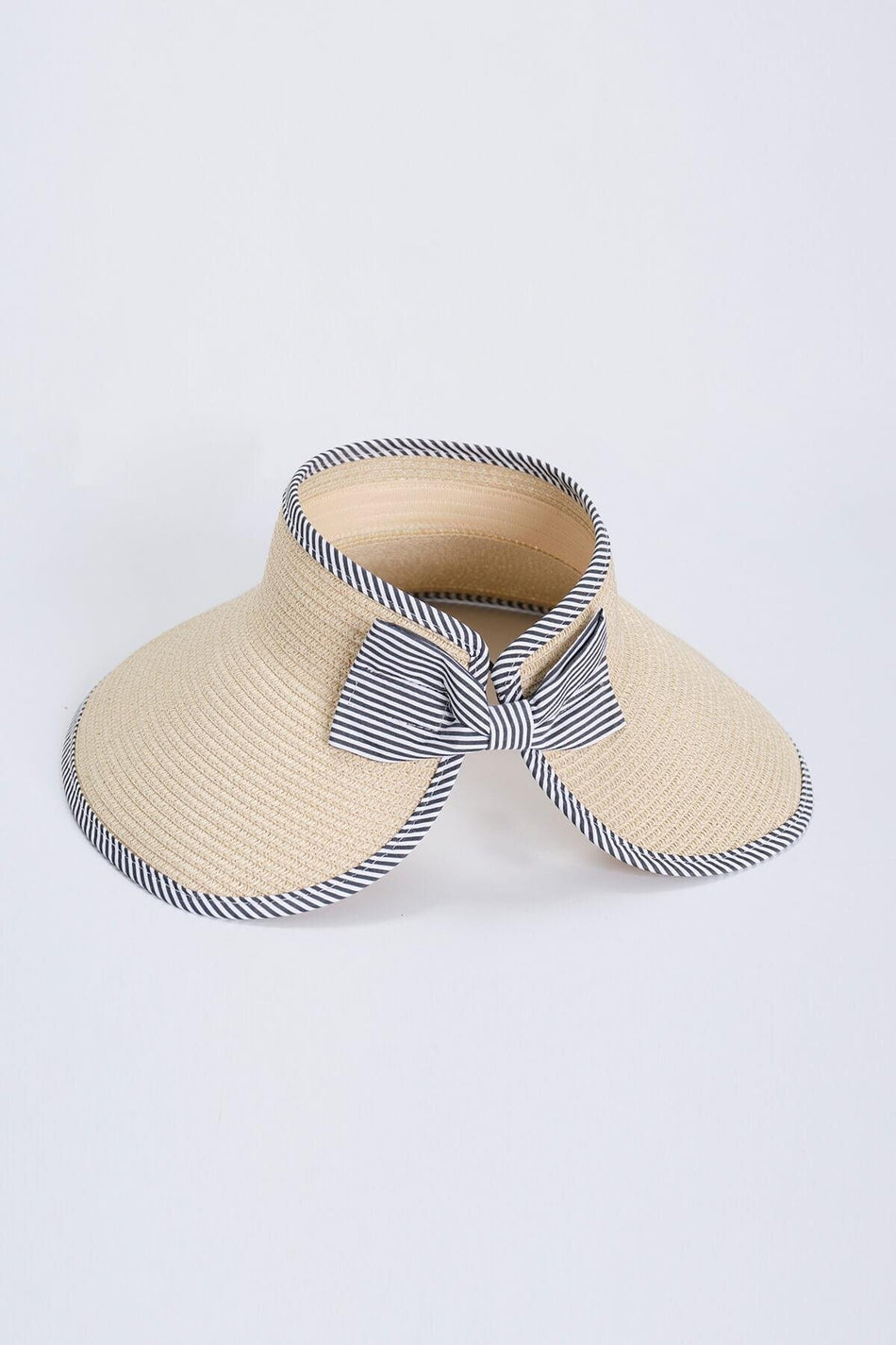 Beige Foldable Visor Beach Hat with Bow Detail