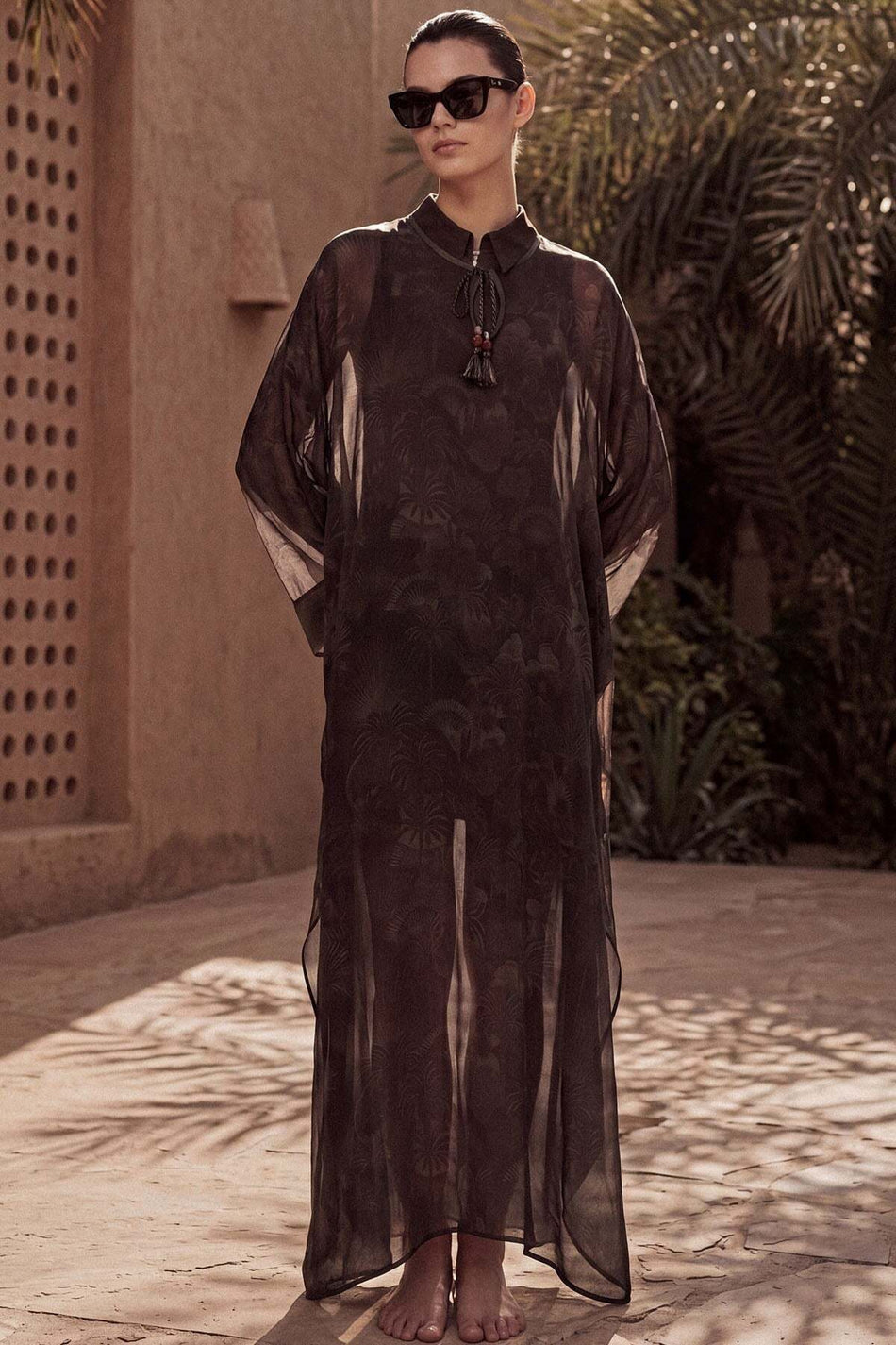 Long Pareo with Palm Tree Pattern and Drawstring Neckline, Brown, 1011