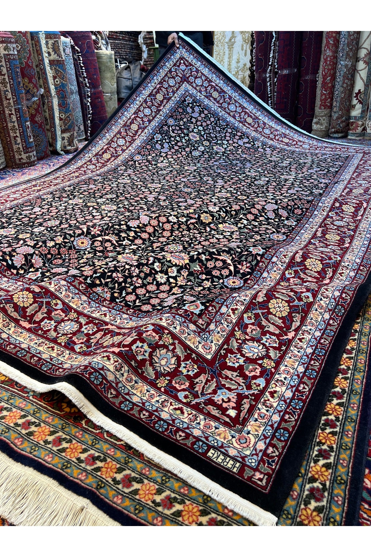 RD RAMAZAN DAG Hand Rug Art Hand-Woven Hereke Rug Signed Seven Mountains Flower Black Color Premium Quality Size 300x200 - MALLTURK