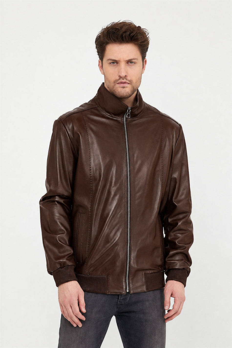 Chaqueta clásica de cuero color café Leather Club