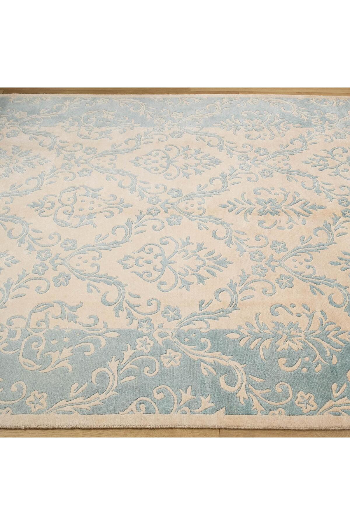 Halicizade Fiber Series Damask Pattern Handwoven Carpet - Fiber Beige Blue Border - MALLTURK