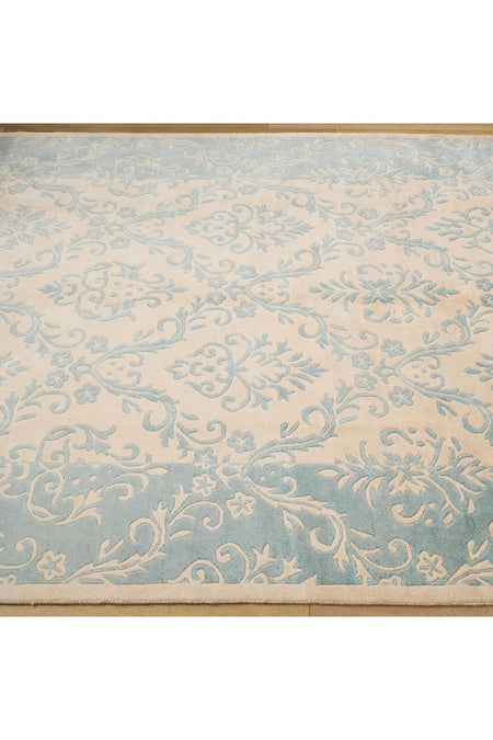 Halicizade Fiber Series Damask Pattern Handwoven Carpet - Fiber Beige Blue Border - MALLTURK