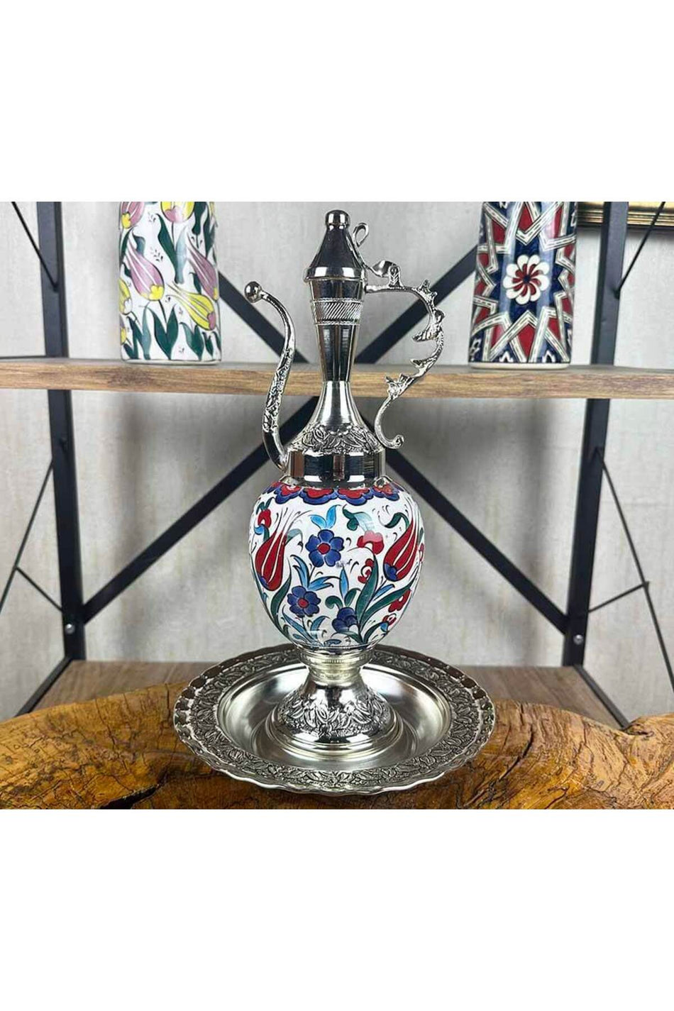 Cini Evi Traditional Tulip and Flower Patterned Silver-Plated Iznik Tile Ewer Set - MALLTURK