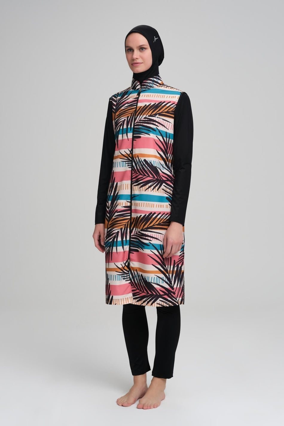 Hasema Colorful Striped Black Vest 4-Piece Modest Swimsuit Set