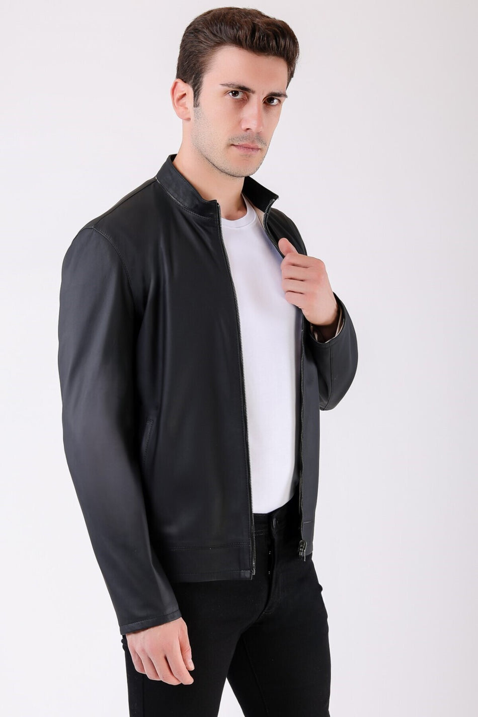 Leather Club Giacca double-face in vera pelle scuba nera e beige
