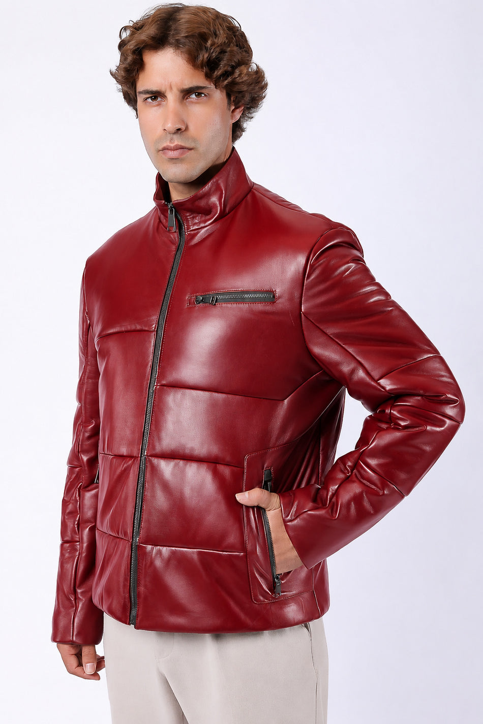 Veste en cuir véritable rouge foncé Leather Club