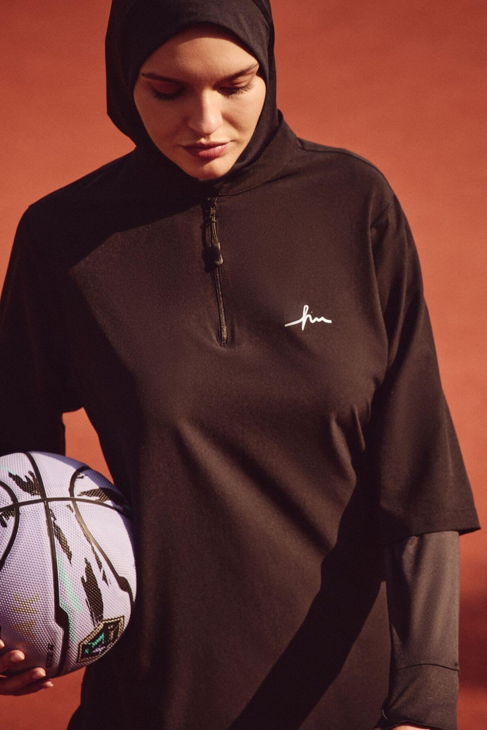 Hasema Active Long-Sleeved, Zip-Collar Black Hijab Training T-Shirt Act-9