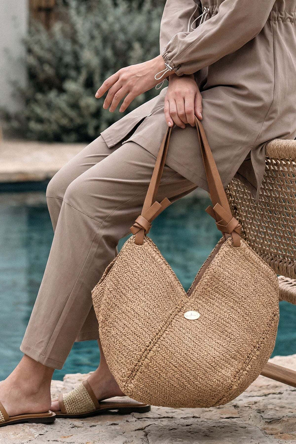 Hasema Brown Leather Handle Camel Color Beach Bag 1114