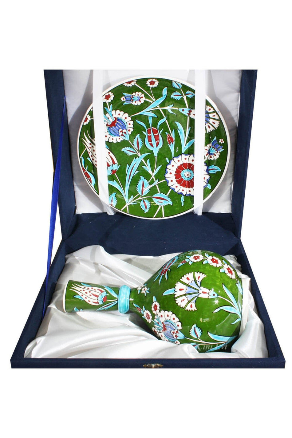 Cini Evi Night Garden Patterned Iznik Tile Vase and Plate Set - MALLTURK