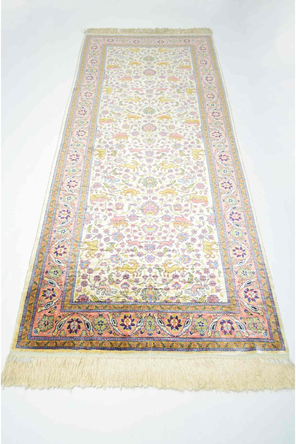 Handmade Pure Silk Hand-Woven Cream and Pink Color Kayseri Rug Runner 82x200 cm (1.64 m2)