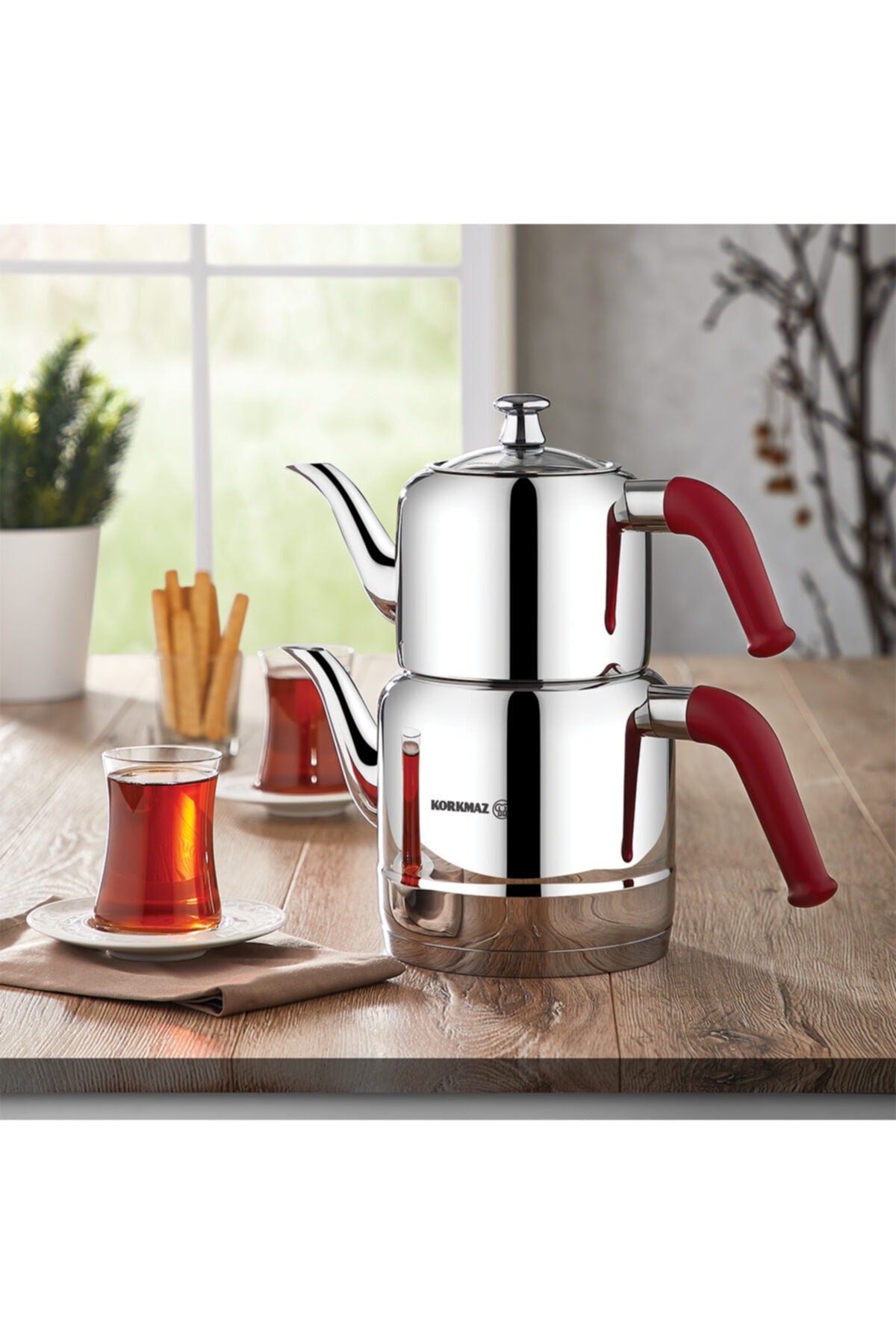 KORKMAZ A189 Riva Teapot Set, Red - MALLTURK