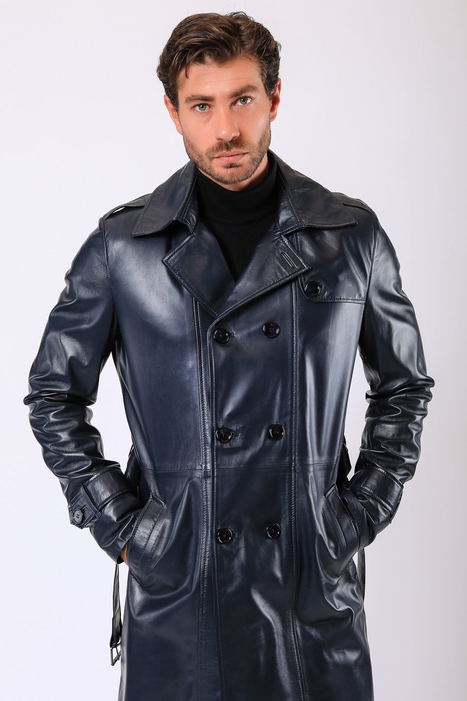 Marineblauwe trenchcoat van echt leer van Leonardo van Leather Club