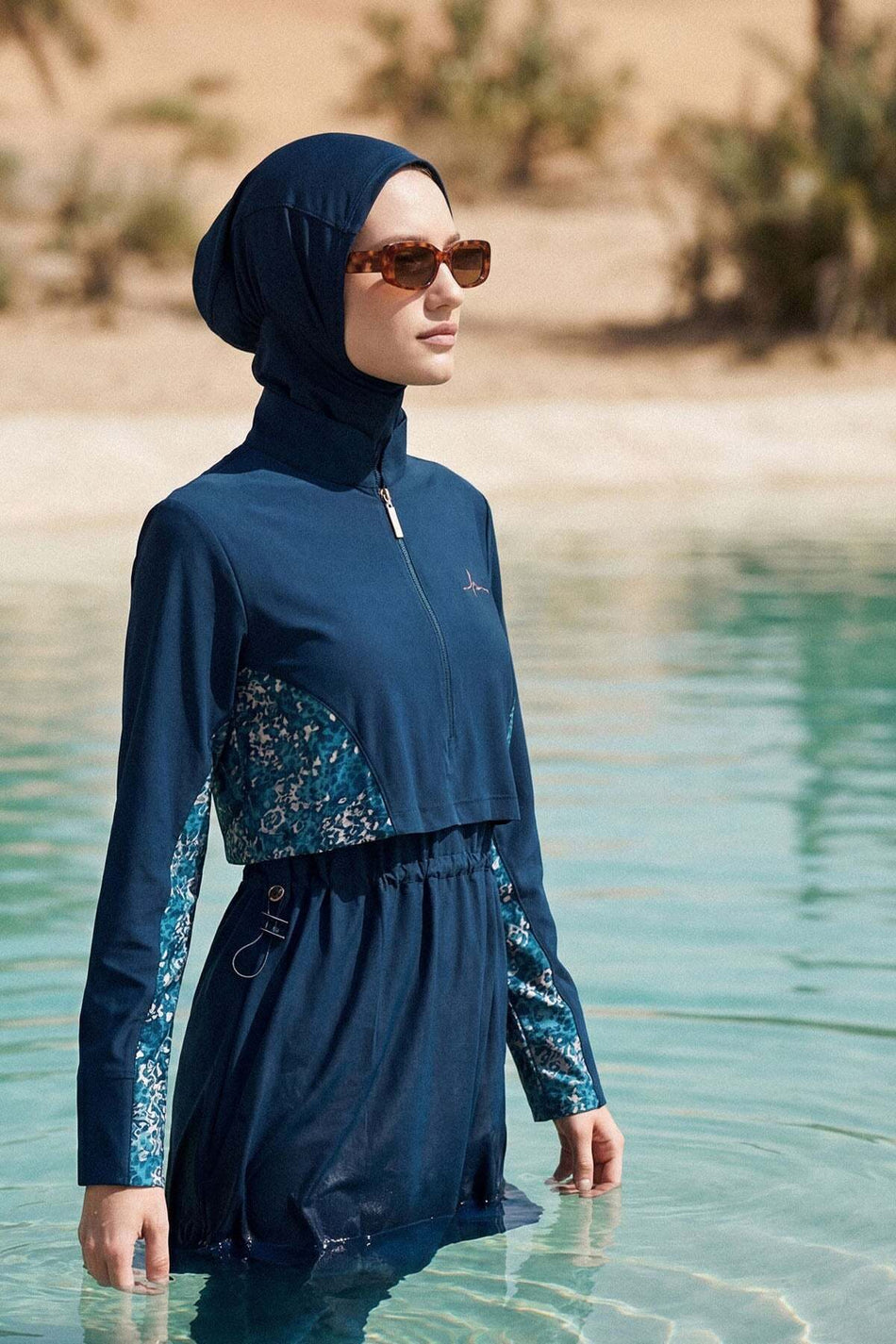 Hasema Vaha Collection Underarm Patterned Navy Blue 5-Piece Full Coverage Swimsuit Set 5089