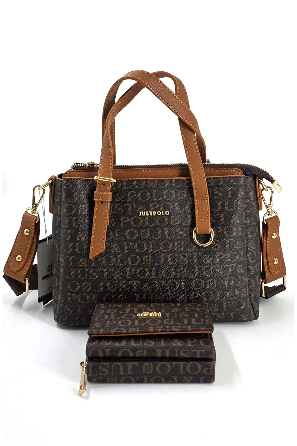 Just Polo Original Women's 3-Compartment Handbag and Shoulder Bag and Wallet Set Brown Tan