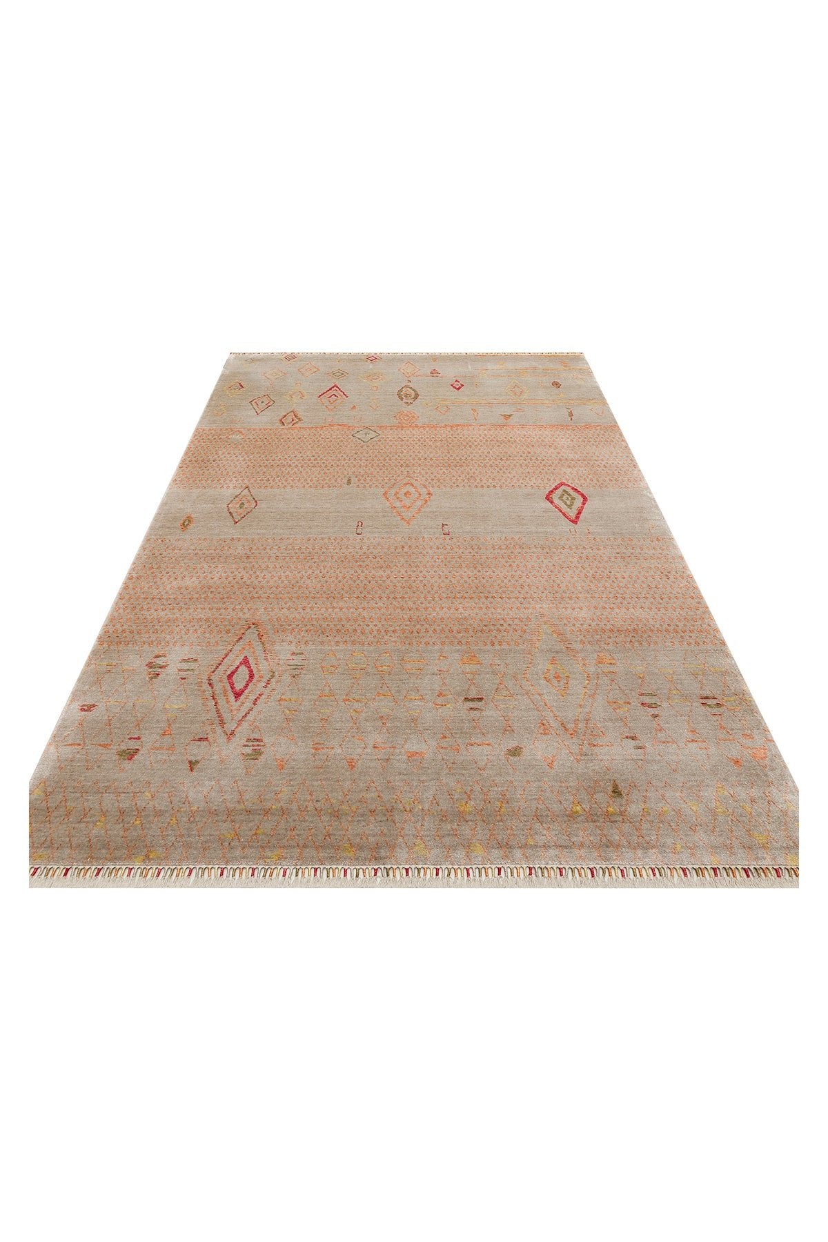 Vog Hali Efsun Handmade Beige Lyocell Special Loom Ethnic Usak Pattern Fringed Living Room Carpet - MALLTURK