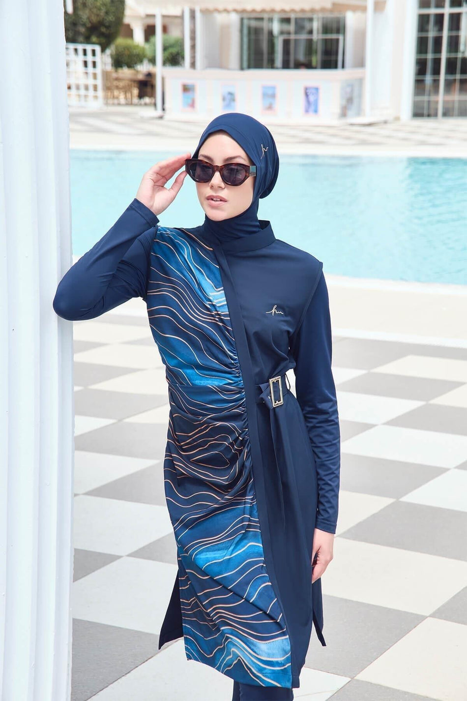 Navy Blue Vest 4-Piece Modest Swimsuit Set with Buckle Belt Detail