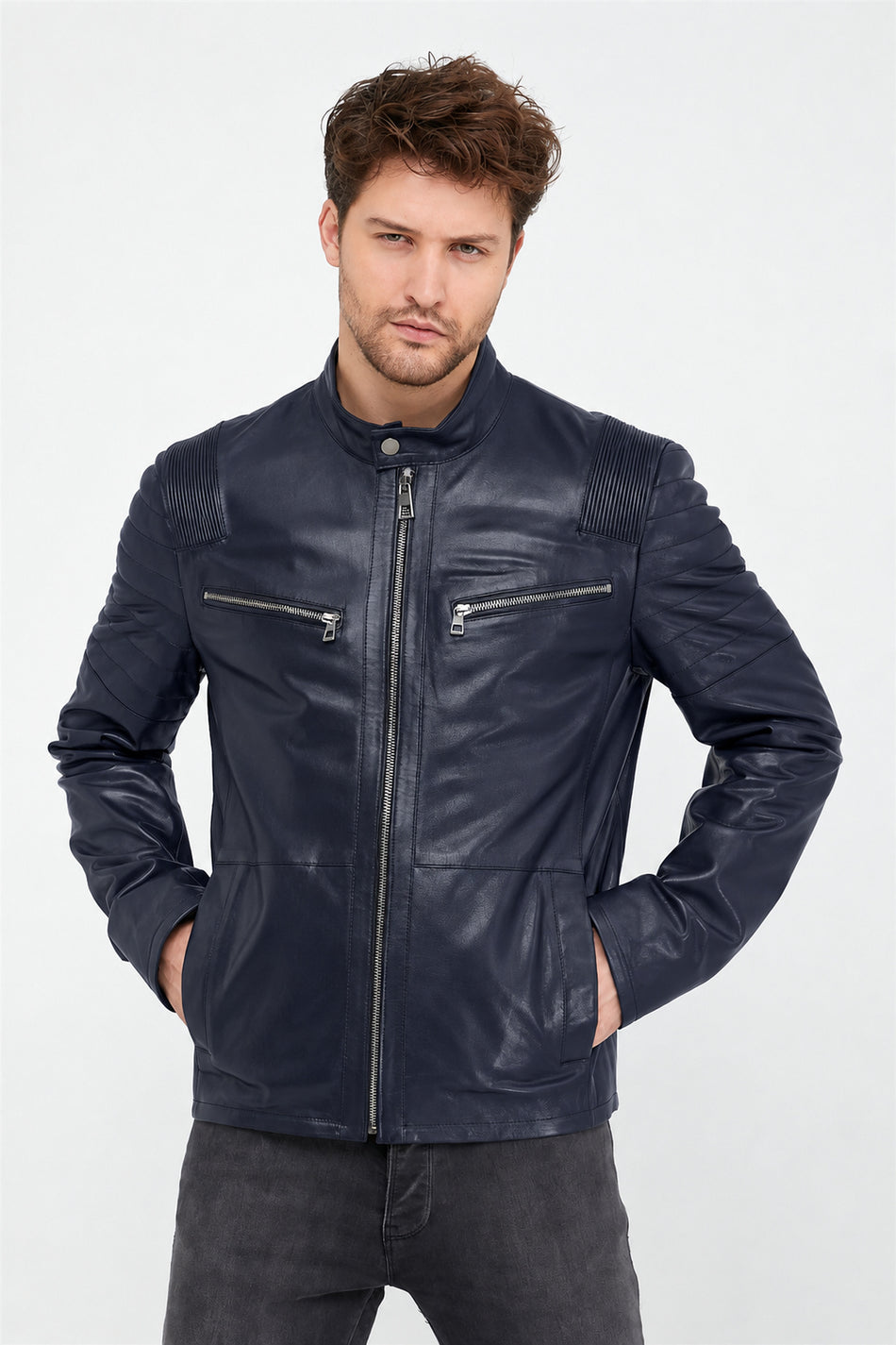 Veste en cuir bleu marine Leather Club avec poches zippées