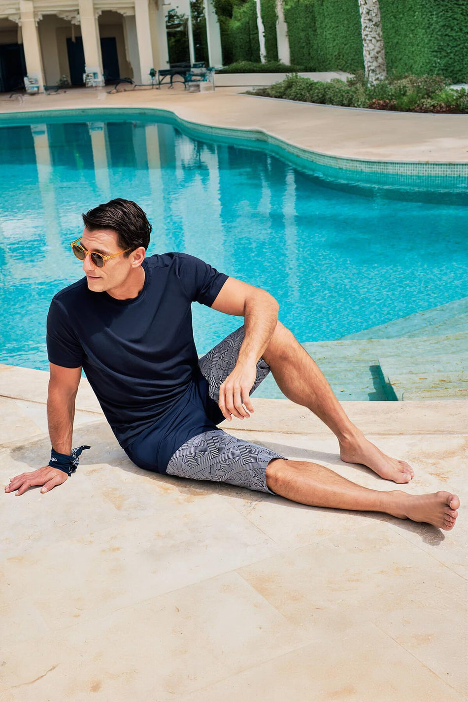 Men's Navy Blue and White Long Swim Shorts with Hashema Pattern 247
