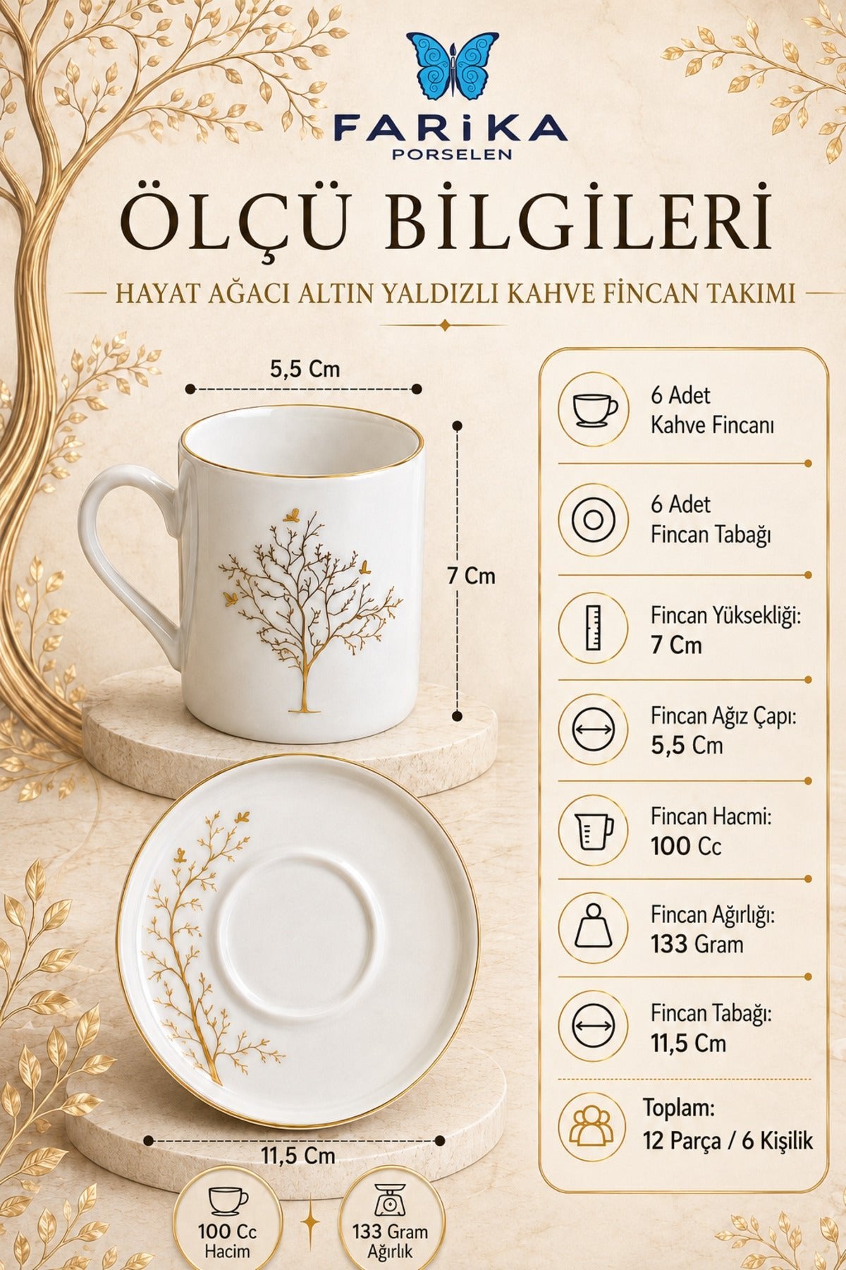 Farika Porselen Tree of Life 12-Piece 6-Person Gold-Plated Porcelain Coffee Cup Set - MALLTURK