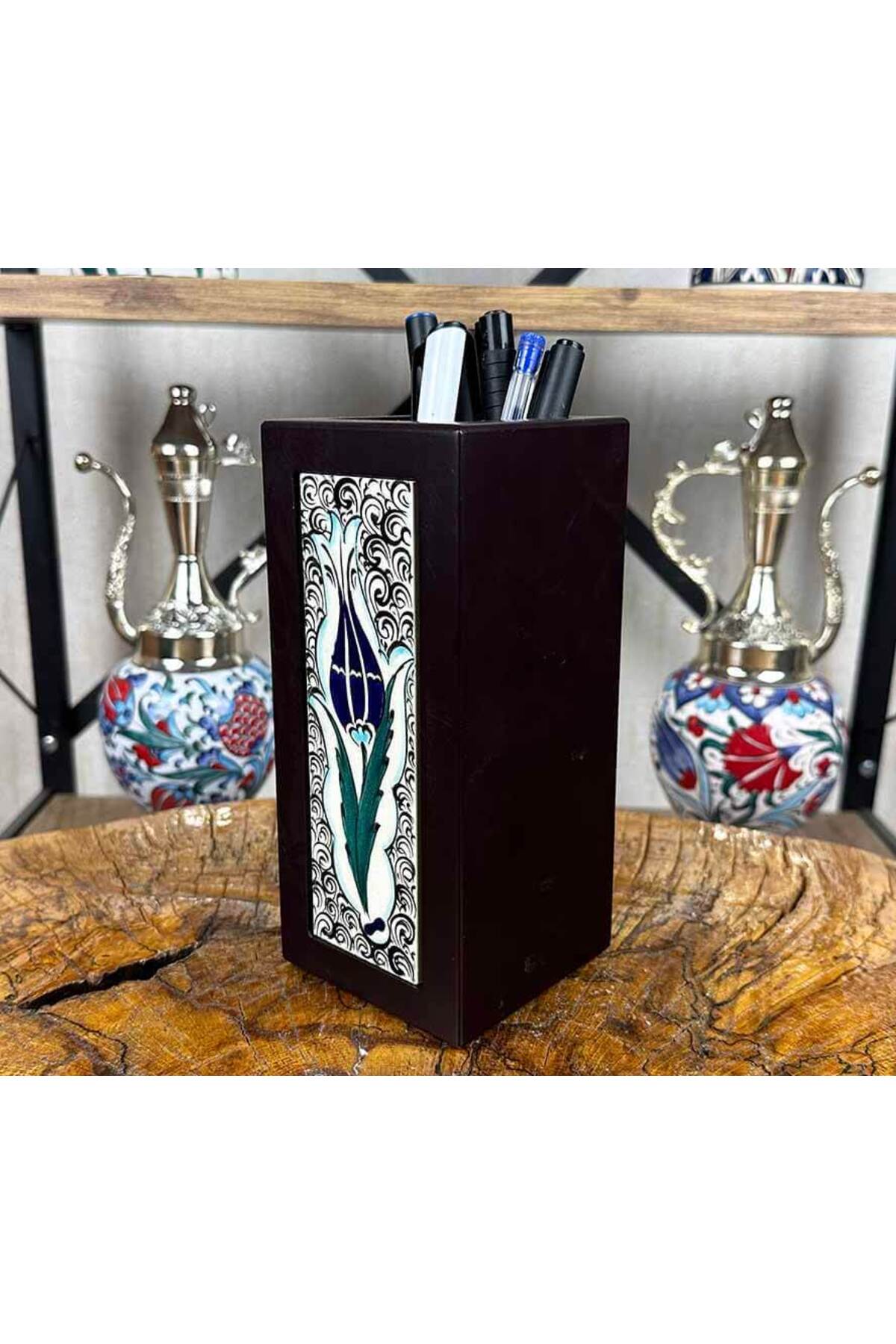 Cini Evi Night Tulip Iznik Tile Wooden Pen Holder - MALLTURK