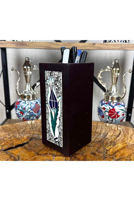 Cini Evi Night Tulip Iznik Tile Wooden Pen Holder - MALLTURK