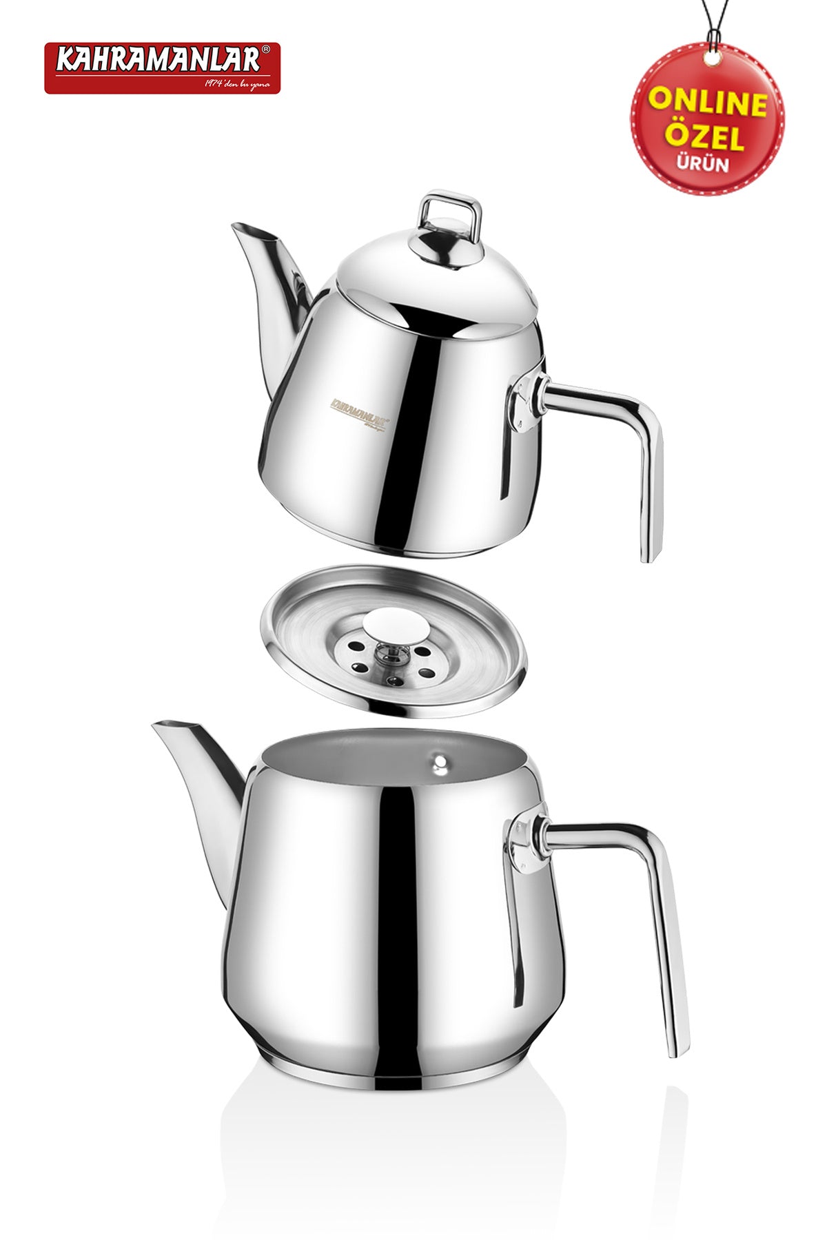 Kahramanlar Milano Medium Size Teapot Set Stainless Steel with Steam Lid Platinum - MALLTURK