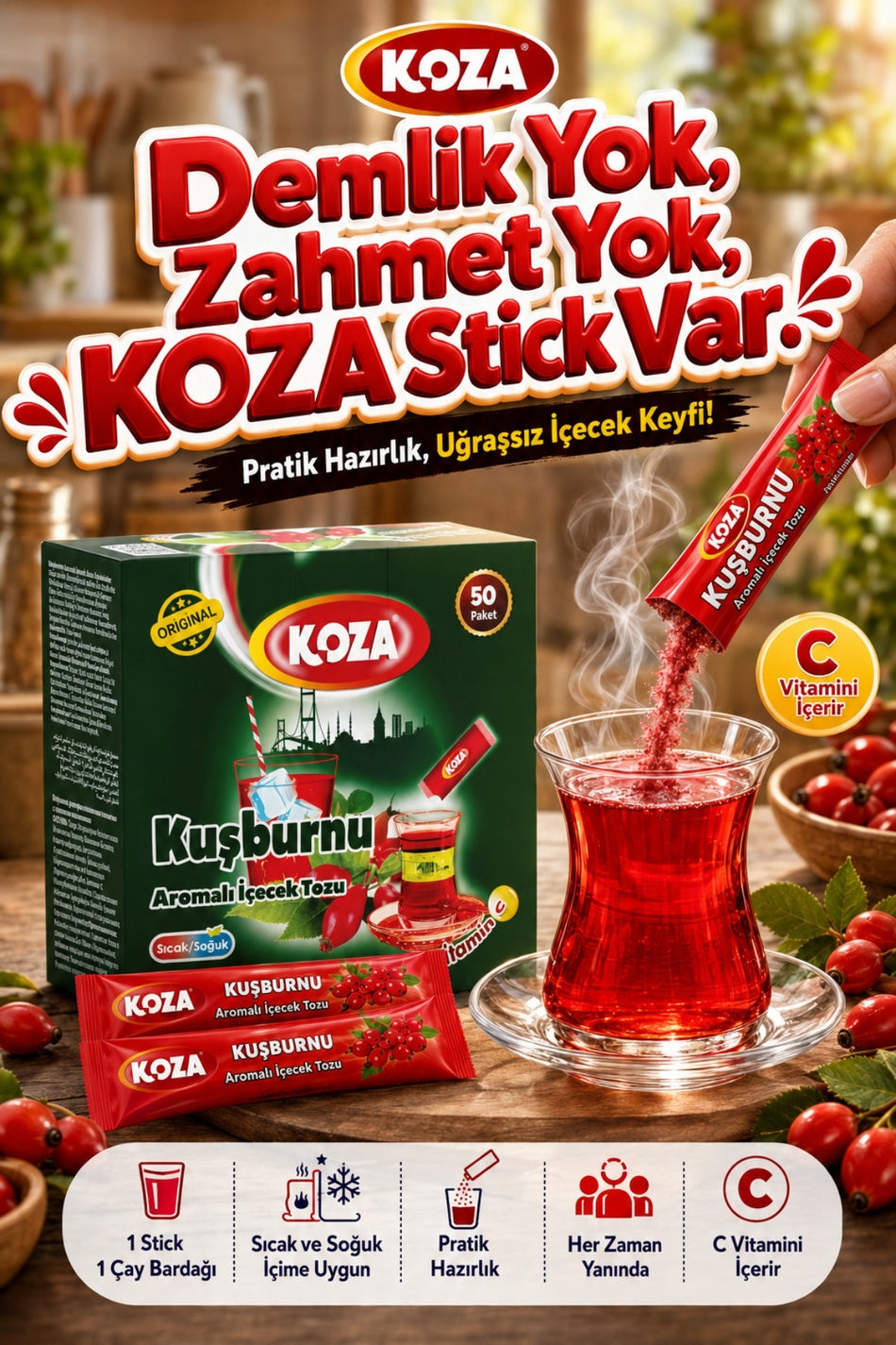 Koza Gourmet's Choice Practical Flavor Rosehip Flavored Single Serving Premium Rosehip Tea 50 Sticks
