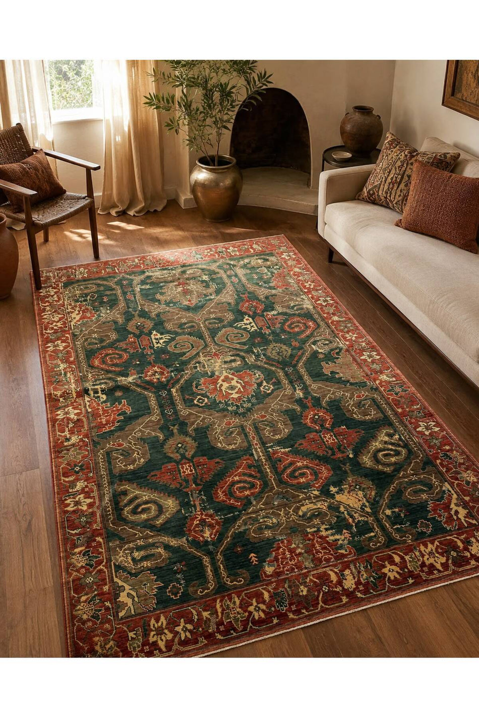 Vog Rug Ethnic Pattern Hand-Woven Yesili Kiremit Traditional Pattern Salon Vintage Decorative Rug - MALLTURK
