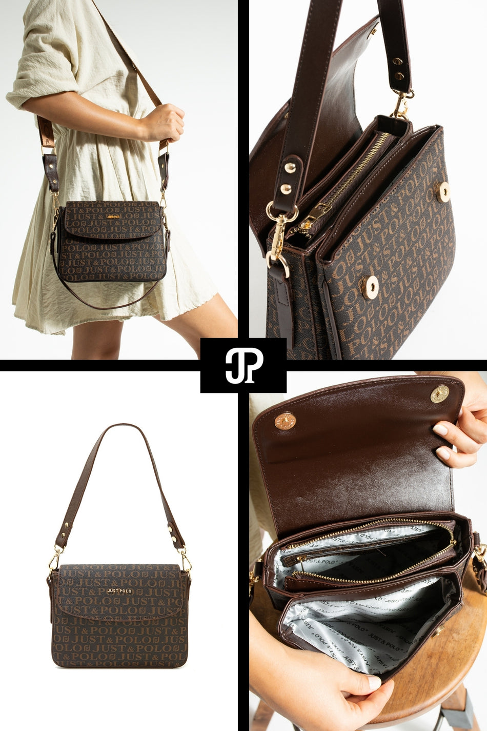 Just Polo Original Women's 4-Compartment Luxury Soft Leather Adjustable Crossbody Strap Stylish Trendy Shoulder Bag - MALLTURK