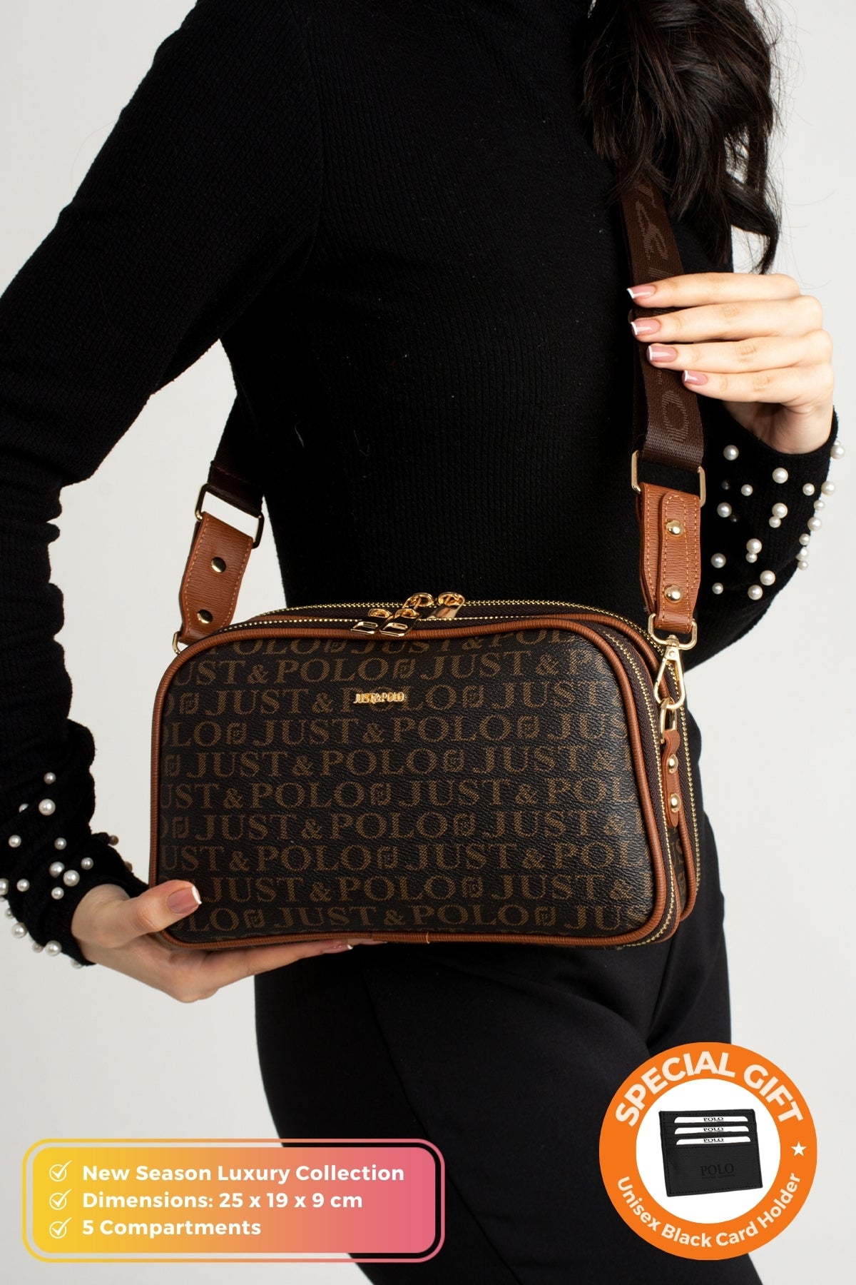 Just Polo Brown Original Women's New Season 5-Compartment Luxury Soft Leather Adjustable Crossbody Shoulder Bag - MALLTURK