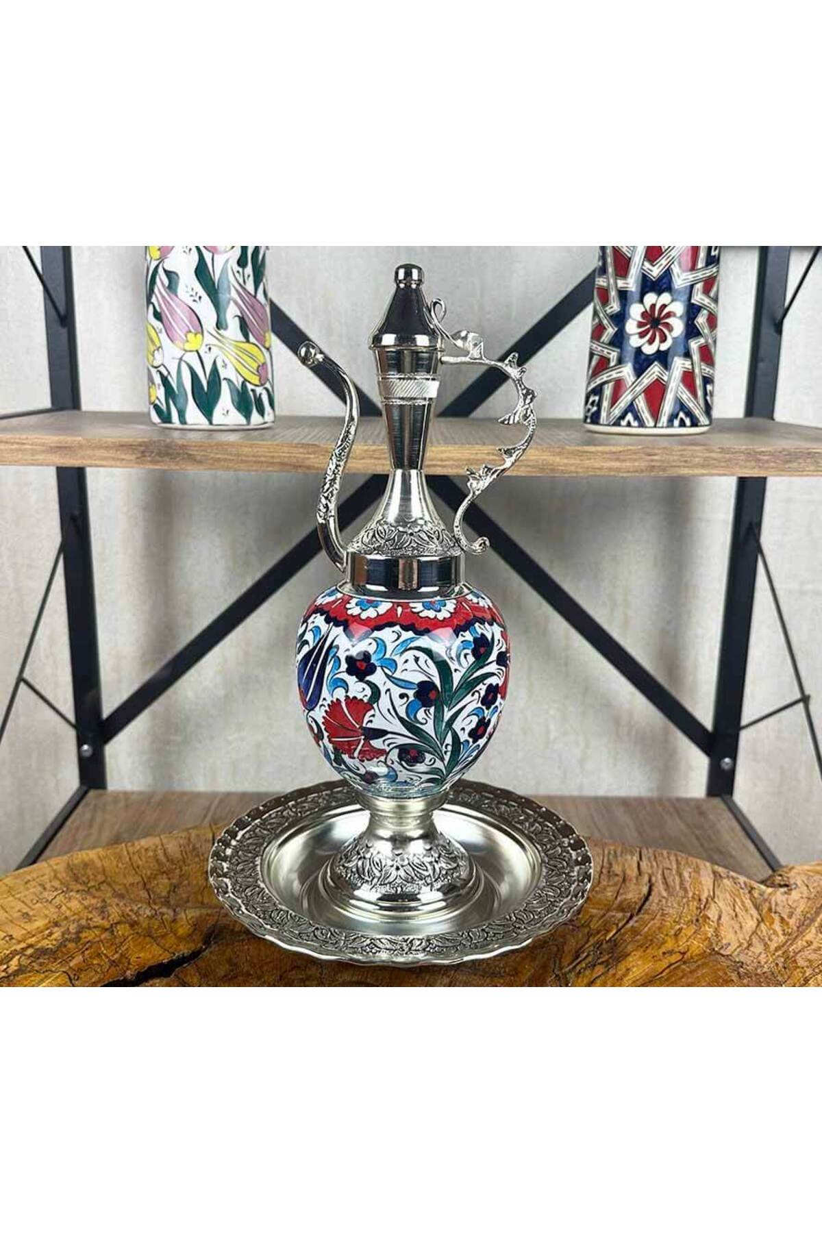 Cini Evi Iznik Tulip and Carnation Flowers Silver-Plated Tile Ewer Set - MALLTURK