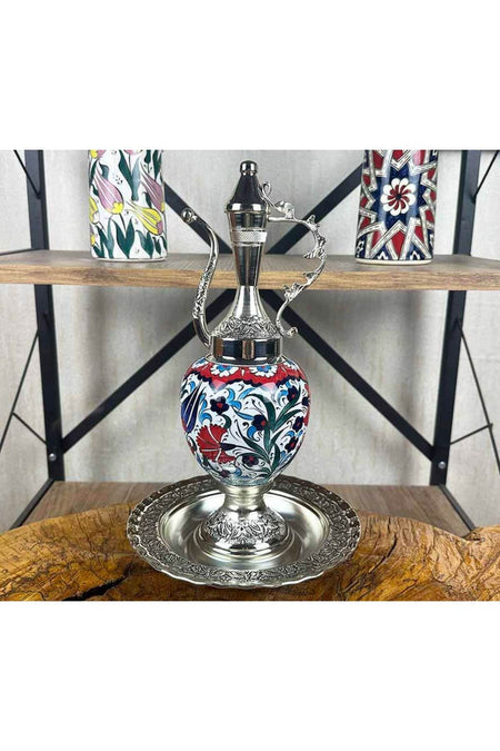 Cini Evi Iznik Tulip and Carnation Flowers Silver-Plated Tile Ewer Set - MALLTURK