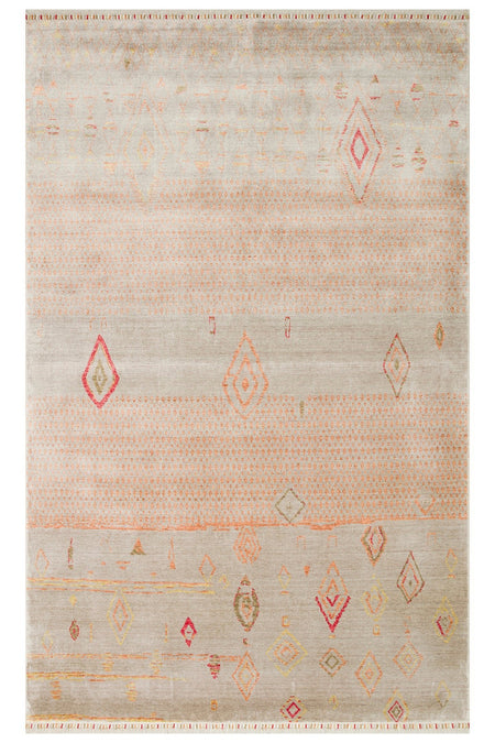 Vog Hali Efsun Handmade Beige Lyocell Special Loom Ethnic Usak Pattern Fringed Living Room Carpet - MALLTURK