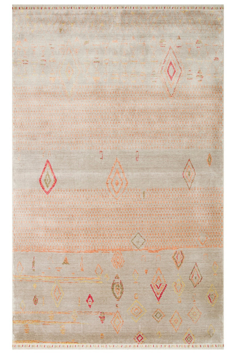 Vog Hali Efsun Handmade Beige Lyocell Special Loom Ethnic Usak Pattern Fringed Living Room Carpet - MALLTURK