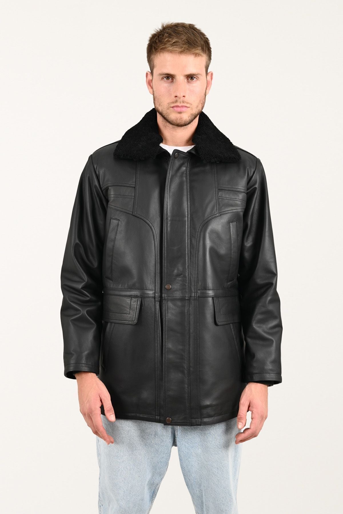 ALIN Tarkan Men's Genuine Leather Fur Collar Leather Coat Black - MALLTURK