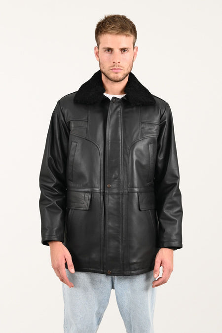 ALIN Tarkan Men's Genuine Leather Fur Collar Leather Coat Black - MALLTURK