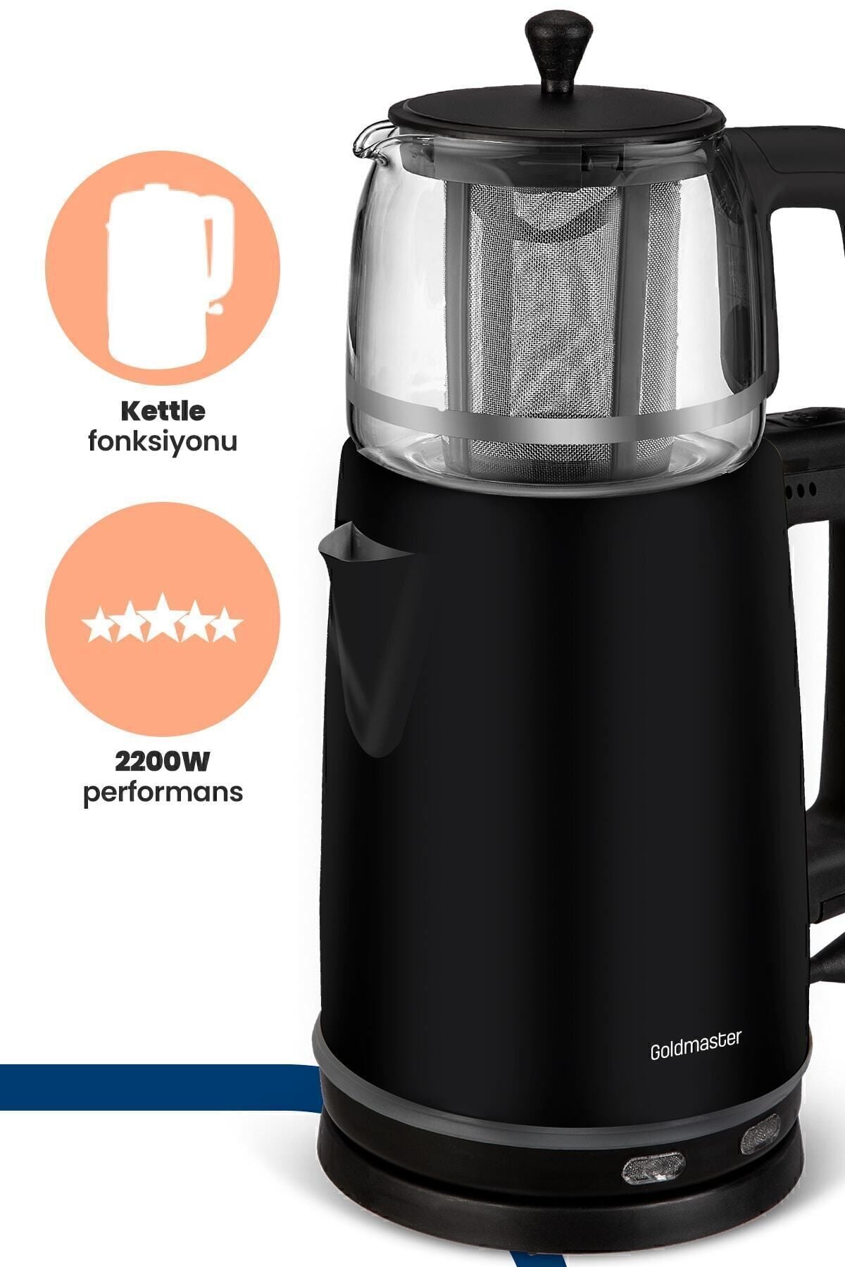 GoldMaster Emirgan Black 2200 Watt Large Capacity Stainless Steel Tea Maker and Water Kettle - MALLTURK