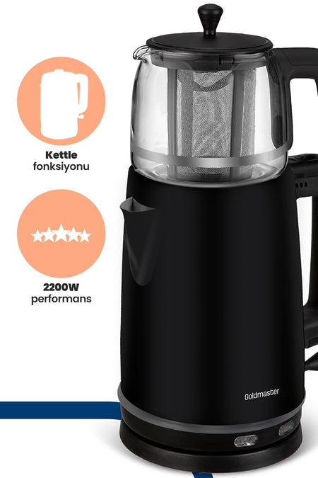 GoldMaster Emirgan Black 2200 Watt Large Capacity Stainless Steel Tea Maker and Water Kettle - MALLTURK
