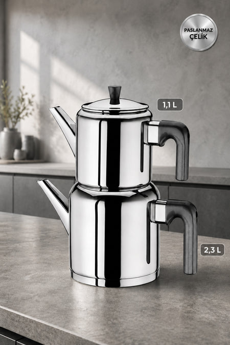 Aryildiz Roma Soft Black Large Stainless Steel Teapot Set - MALLTURK