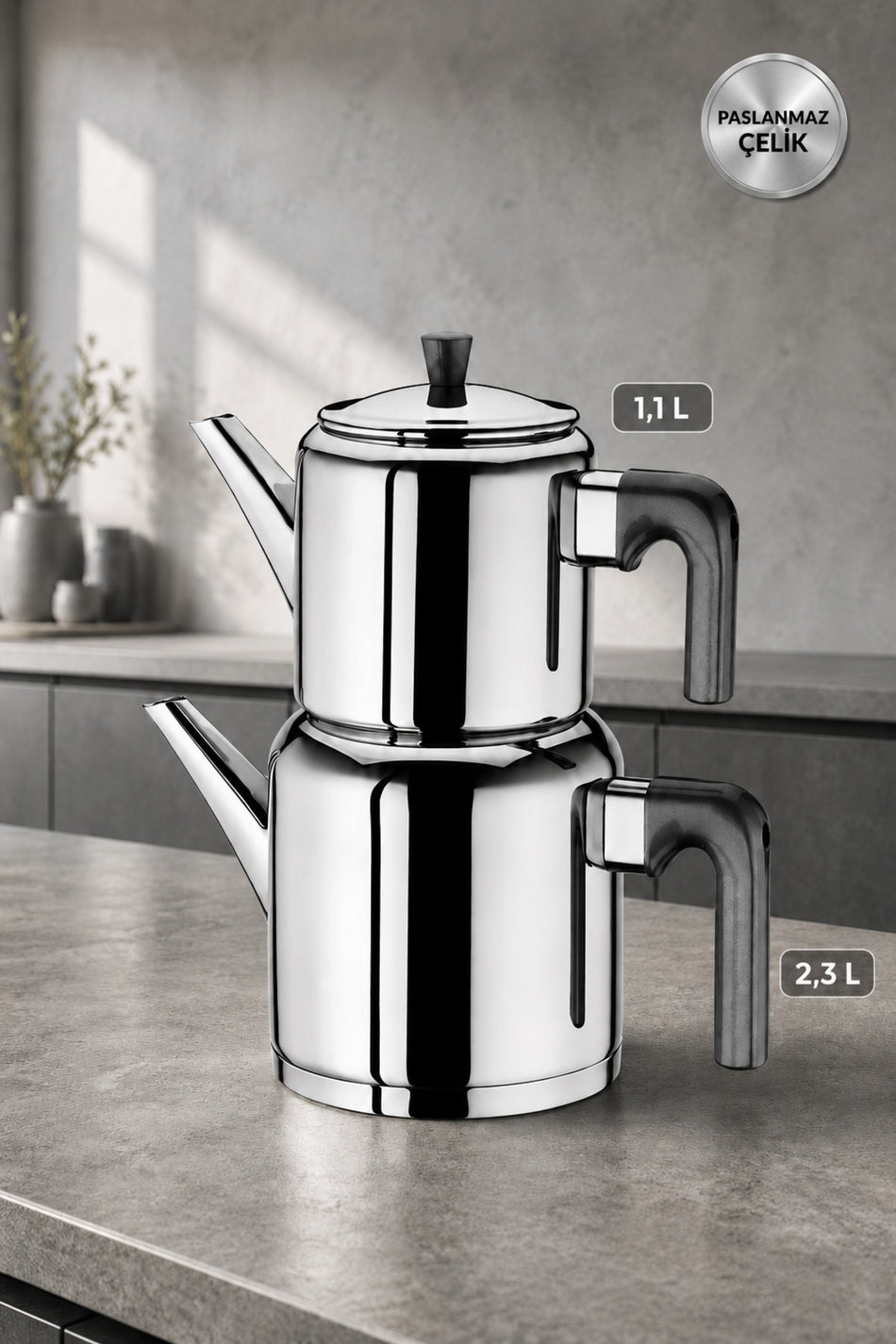 Aryildiz Roma Soft Black Large Stainless Steel Teapot Set - MALLTURK