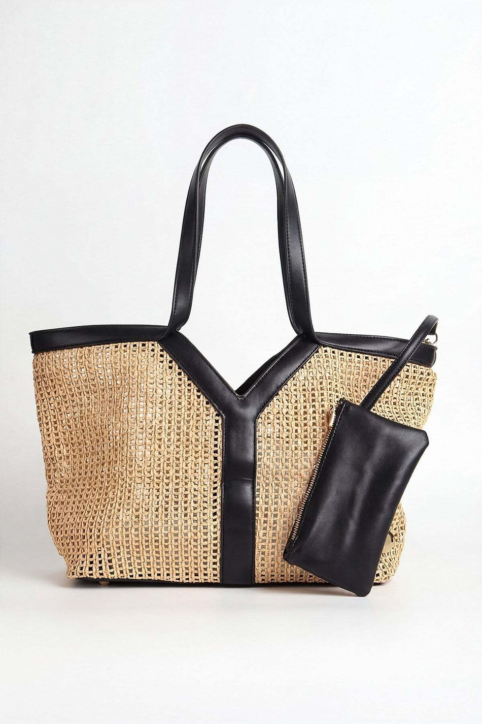 Hasema Beige Unlined Woven Straw Beach Bag and Wallet Set with Black Leather Handles 1300