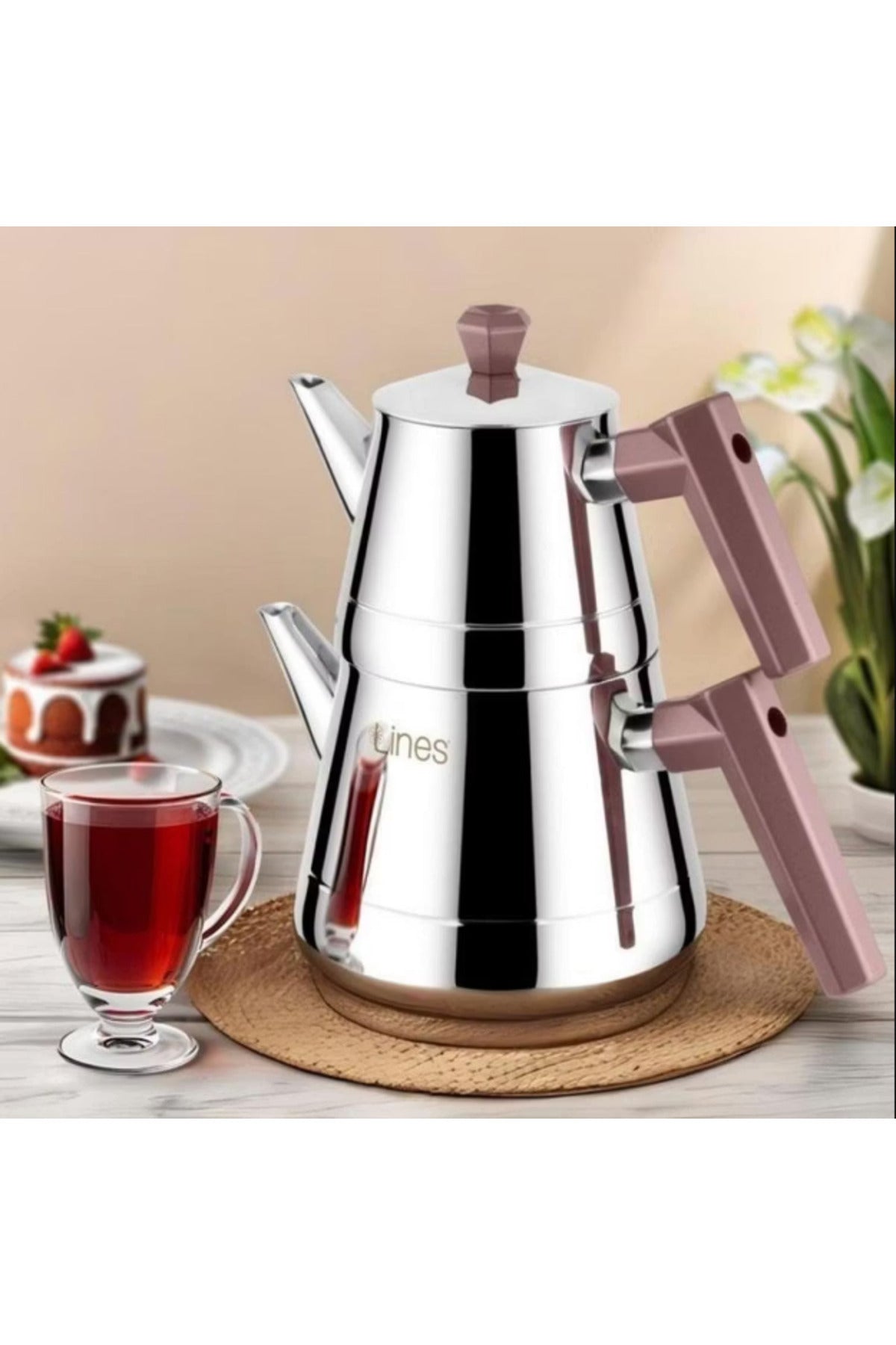 Lines Yonca L-3064 Pyramid Medium Size Steel Teapot Set with Bakelite Bronze - MALLTURK