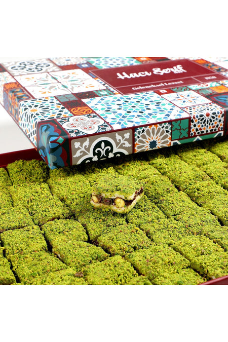 Haci serif ici disi Pistachio Chocolate bohca Turkish Delight motif desenli kutu - MALLTURK