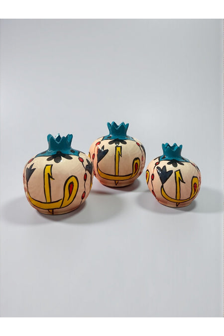 YOOS Handmade Brush Craftsmanship Vav and Elif Patterned 3-Piece Ceramic Pomegranate Set - MALLTURK
